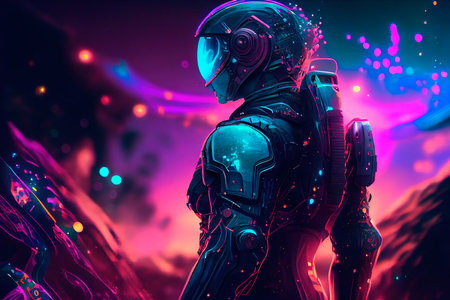 An astronaut on an alien planet. A high-tech astronaut from the future. Generative AI Artの素材