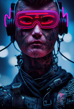 Realistic portrait of a sci-fi cyberpunk men in a cyber suit. High-tech futuristic man from the future. The concept of virtual reality and cyberpunk. 3D render.の素材