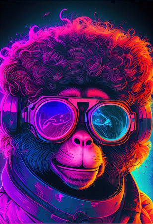 A fictional portrait of a punk monkey with headphones and colorful hair. A hipster monkey. Generative AI Art.の素材