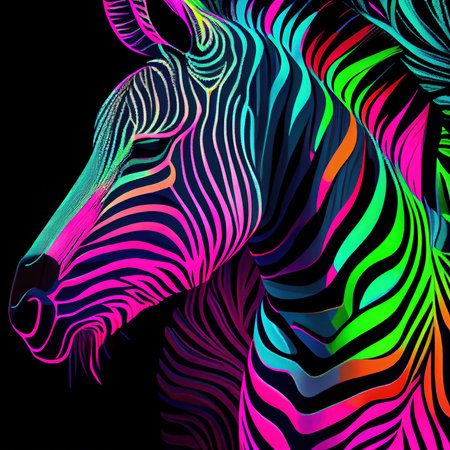 Portrait of a multicolored zebra on an isolated black background. Generative AI Art.の素材