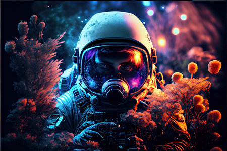 An astronaut on an alien planet. A high-tech astronaut from the future. Generative AI Art.の素材