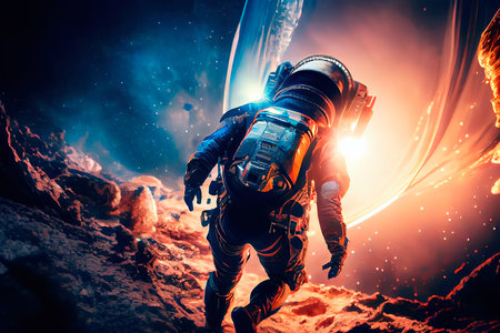 An astronaut on an alien planet. A high-tech astronaut from the future. Generative AI Art.の素材