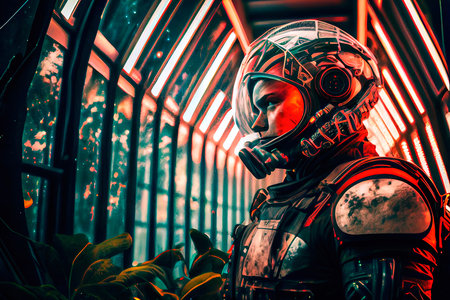 An astronaut on an alien planet. A high-tech astronaut from the future. Generative AI Art.の素材