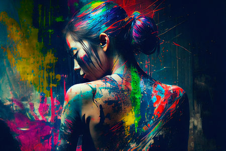 Abstract portrt of a beautiful fantasy girl. Fashionable cute woman. Creative beautiful girl. Generative AI Art.の素材