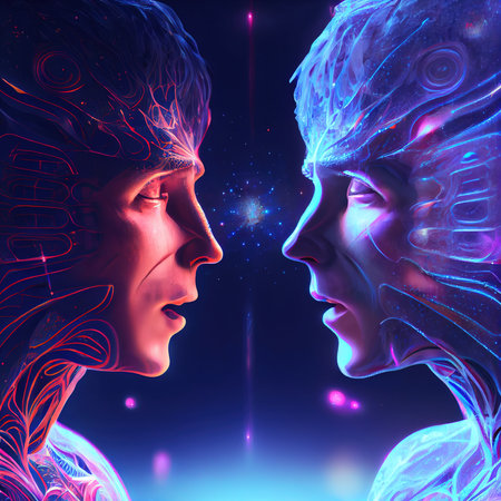 Two space people agnst the backdrop of endless space. Generative AI Art.の素材