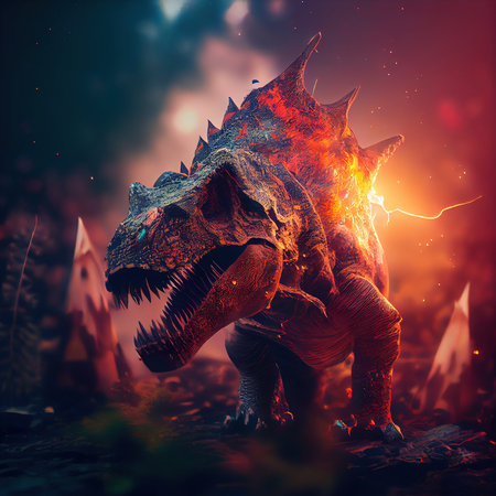 Fantasy dinosaur in the ancient prehistoric jungle. An ancient predatory dinosaur. Generative AI Art.の素材