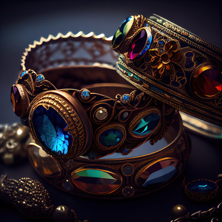 Gemstones, rings, earrings and bracelets. Jewelry and accessories for the fashionable woman. Generative AI Art.の素材