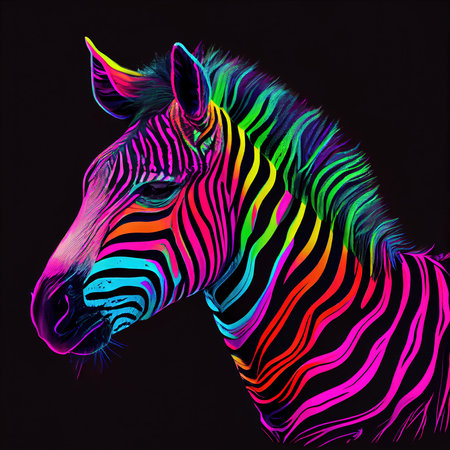 Portrt of a multicolored zebra on an isolated black background. Generative AI Art.の素材