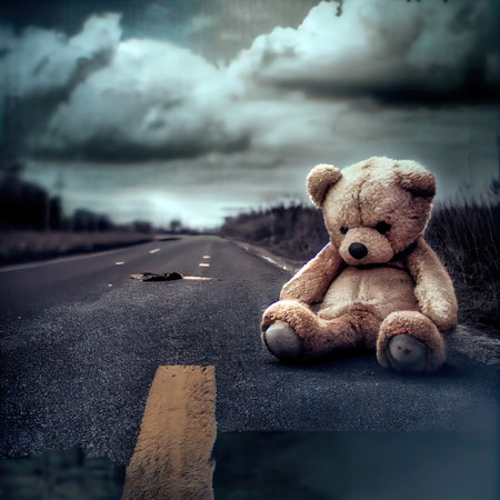 An abandoned teddy bear lying on a road. Apocalyptic dark atmosphere. Generative AI Artの素材
