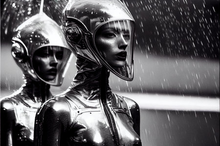 A portrait of people in cyberpunk science fiction. High-tech futuristic people from the future. Generative AI Art.の素材