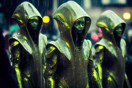 A portrait of aliens in cyberpunk science fiction. High-tech futuristic aliens from the future. Generative AI Art.の素材
