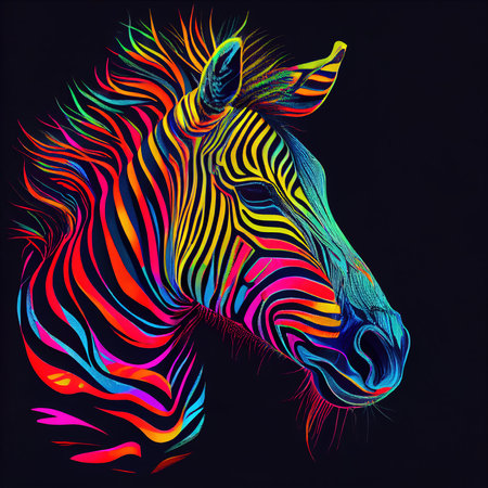 Portrt of a multicolored zebra on an isolated black background. Generative AI Art.の素材