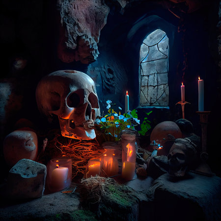 Creepy ancient cave with burning candles and skulls. An old abandoned grotto with bones. Generative AI Art.の素材