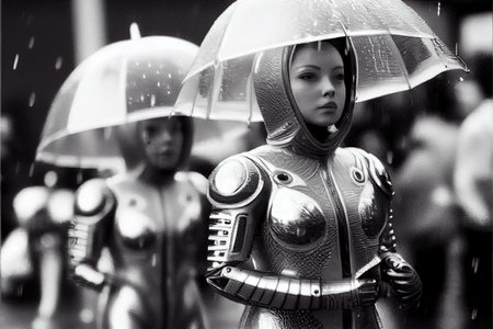 A portrait of people in cyberpunk science fiction. High-tech futuristic people from the future. Generative AI Art.の素材