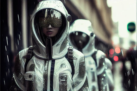 A portrait of people in cyberpunk science fiction. High-tech futuristic people from the future. Generative AI Art.の素材