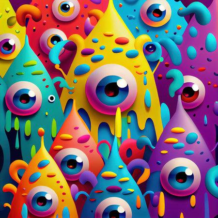 Abstract magical funny cartoon monsters. Lots of colored paint, funny monsters and rainbow colors. Generative AI Artの素材