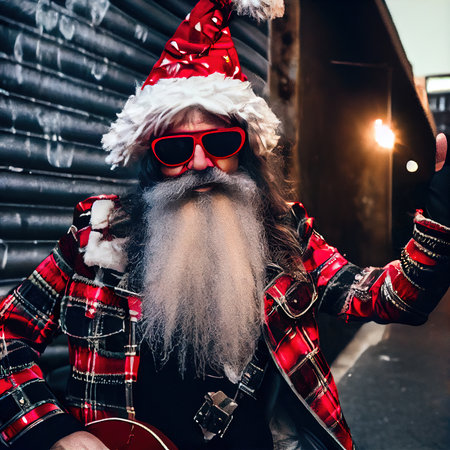 A quirky old bearded Santa Claus rockenroller. A winter holiday concept. Generative AI Artの素材