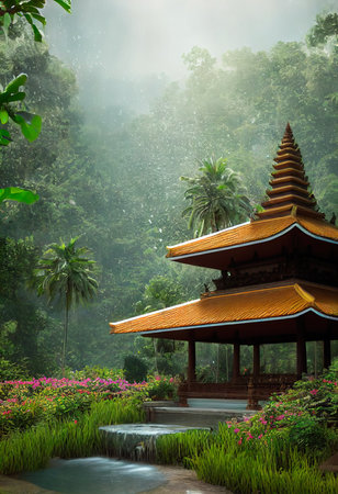 A Japanese temple with a traditional garden. Generative AI Art.の素材