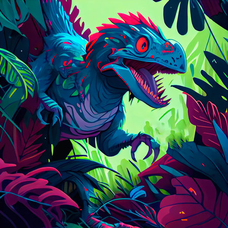Fantasy dinosaur in the ancient prehistoric jungle. An ancient predatory dinosaur. Generative AI Artの素材