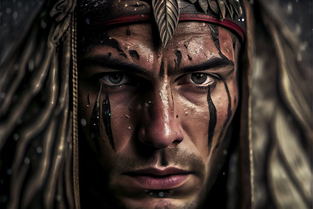 Portrait of an ancient male warrior. The concept of an ancient brave warrior. Generative AI Art.の素材