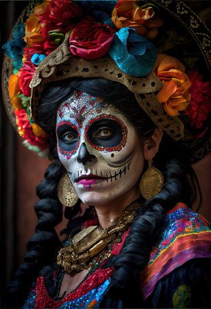 A young beautiful woman with a skull painted on her face on the Day of the Dead in Mexico. Generative AI Artの素材