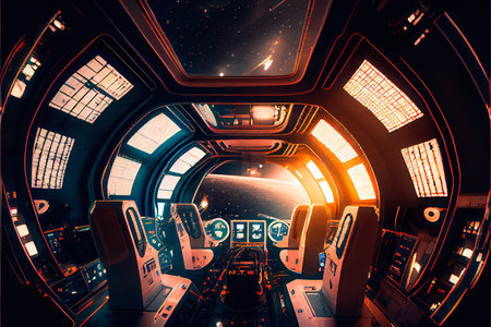 View from the cockpit of a spaceship captain rushing through space at high speed. Generative AI Art.の素材