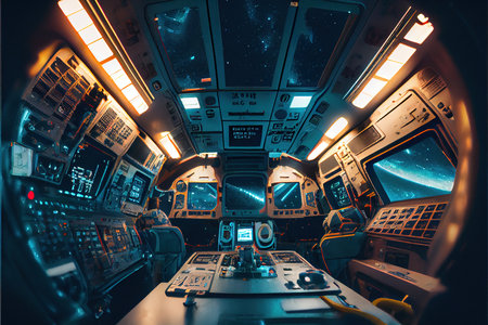 View from the cockpit of a spaceship captain rushing through space at high speed. Generative AI Art.の素材