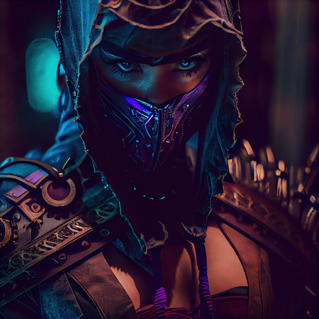 Portrait of an ancient female warrior in ancient warrior armor. The concept of an ancient warrior. Generative AI Art.の素材