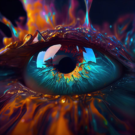 Fantasy eye with beautiful makeup close-up. The eye of a fashionable alien with bright colors. Generative AI Art.の素材