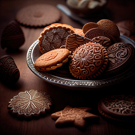 Delicious homemade cookies and other treats, close-up view. Generative AI Artの素材