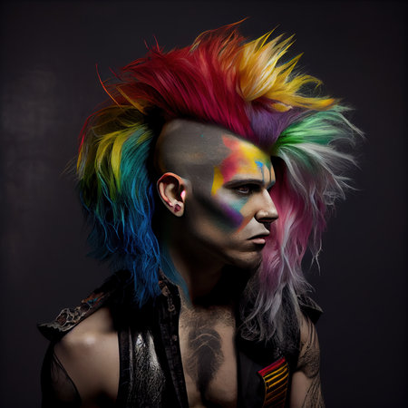 Portrait of a punk with colored hair. Hipster man with punk hair. The concept of a rock musician. Generative AI Artの素材