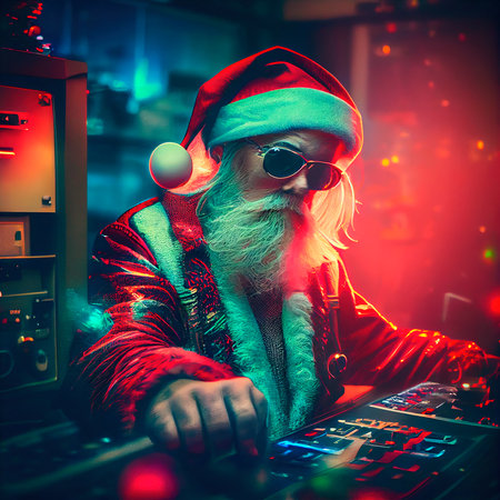 A quirky old bearded Santa Claus dj. A winter holiday concept. Generative AI Artの素材