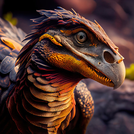 Fantasy dinosaur in the ancient prehistoric jungle. An ancient predatory dinosaur. Generative AI Artの素材