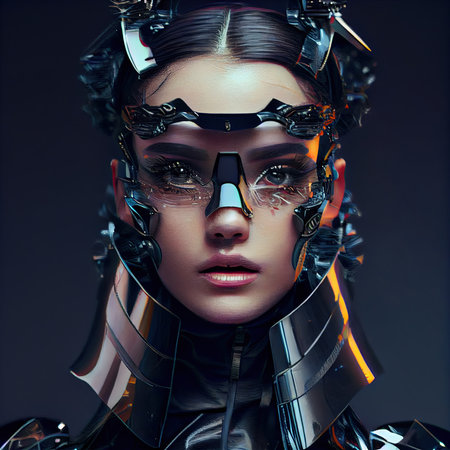 Portrait of a sci-fi cyberpunk girl. High-tech futuristic woman from the future. Generative AI Art.の素材