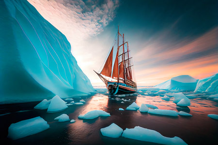 A yacht stranded in the Arctic ice. An ocean covered in ice. Generative AI Art.の素材