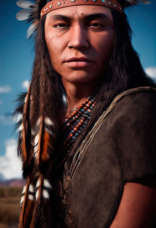 Portrait of a fictional Indian shaman from the Comanche Indian tribe. Generative AI Artの素材