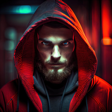 Portrait of a sci-fi cyberpunk hacker. High-tech futuristic man from the future. Generative AI Art.の素材