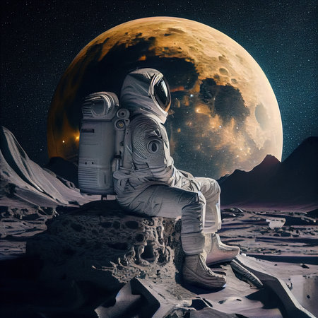 An astronaut on an alien planet. A high-tech astronaut from the future. The concept of space travel. Generative AI Artの素材