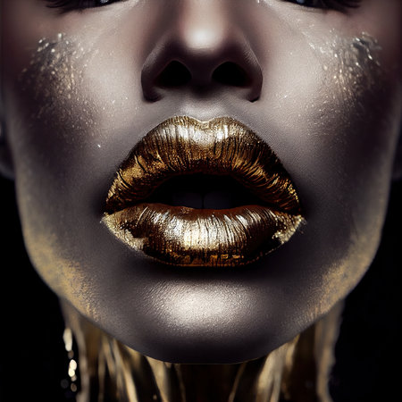 Close-up of the glamorous lips of a beautiful girl. Sexy juicy lips. Part of the face of a young beautiful girl in close-up. Generative AI Art.の素材