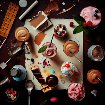 Delicious ice cream in a bowl. An explosion of flavor. Ice cream of different varieties. Generative AI Art.の素材
