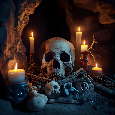 Creepy ancient cave with burning candles and skulls. An old abandoned grotto with bones. Generative AI Art.の素材