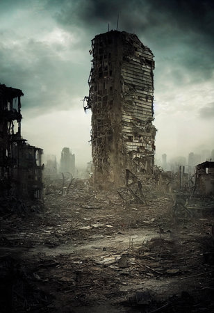 A post-apocalyptic ruined city. Destroyed buildings, destroyed roads, blown up skyscrapers. The concept of the apocalypse. Generative AI Artの素材