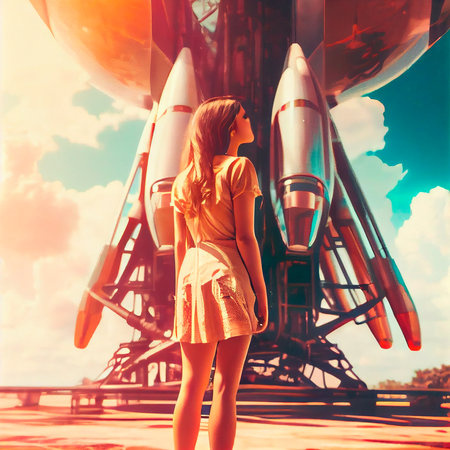 A girl watches a space rocket take off into the sky. A spaceship flies in search of new planets. The concept of launching a rocket into space. Generative AI Artの素材
