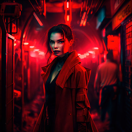 Portrait of a sci-fi cyberpunk girl. High-tech futuristic woman from the future. The concept of virtual reality and cyberpunk. Generative AI Art.の素材