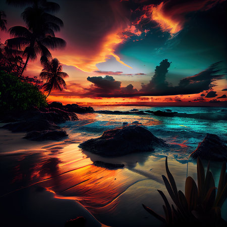 Beautiful beach and blue ocean surrounded by beautiful palm trees. Generative AI Art.の素材