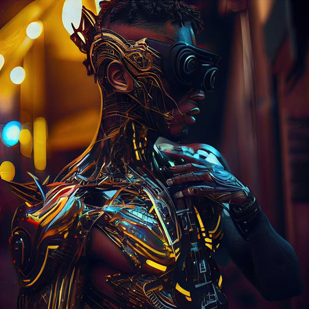 Portrait of a sci-fi cyberpunk girl. High-tech futuristic woman from the future. The concept of virtual reality and cyberpunk. Generative AI Art.の素材