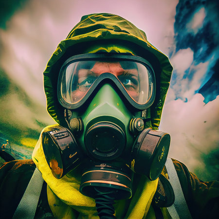Portrait of a surviving stalker in an old gas mask against an apocalyptic background. Survivor of nuclear war. The concept of the post-apocalypse. Generative AI Artの素材