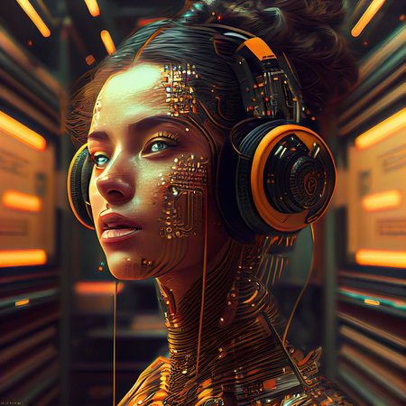 A portrait of a creative beauty wearing fancy headphones. A lover of fashionable music. Generative AI Artの素材