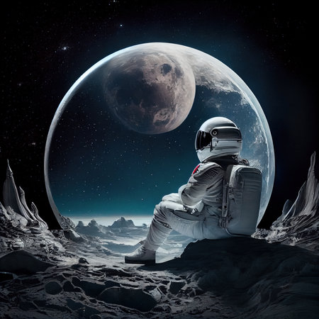 An astronaut on an alien planet. A high-tech astronaut from the future. The concept of space travel. Generative AI Artの素材