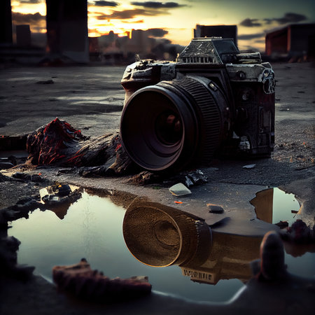 An old camera lying on the pavement against the backdrop of a ruined city. Destroyed buildings, mountains of rubble and debris. The concept of the apocalypse. Generative AI Artの素材